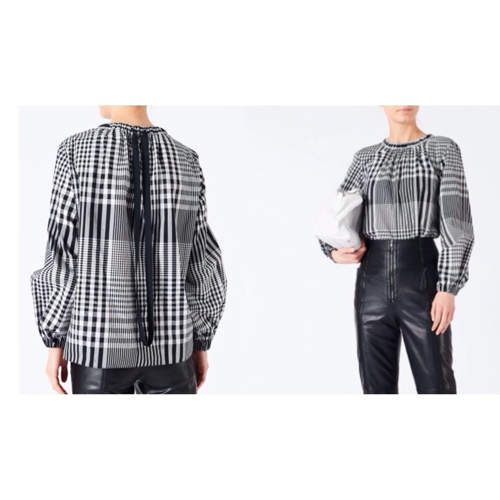 Tibi Gingham Top Sz‎ 8 Elastic High Neck Back Tie Black White Cotton  $325